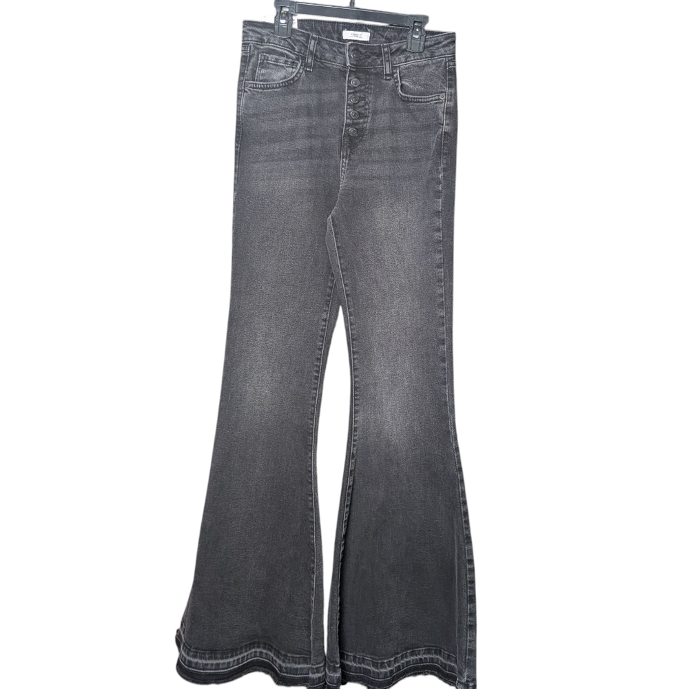 New Forever 21 Super Flare Black Denim Bell Bottom Jeans Button Us 27